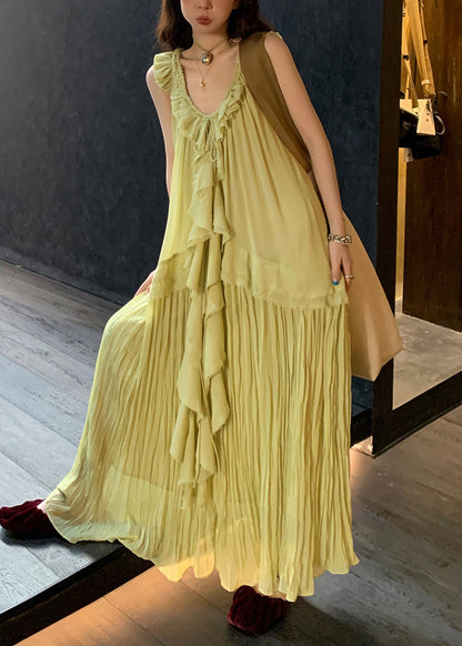 Elegant Green V Neck Lace Up Wrinkled Chiffon Long Dress Sleeveless