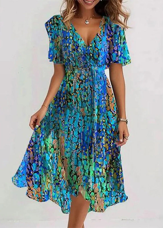 Elegant Green V Neck Print Chiffon Vacation Dresses Summer