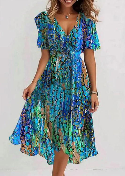 Elegant Green V Neck Print Chiffon Vacation Dresses Summer