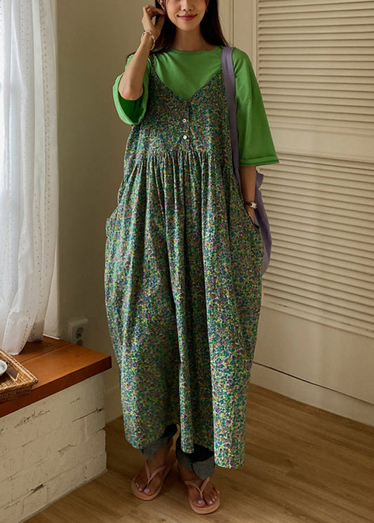 Elegant Green V Neck Print Pockets Cotton Tank Dress Sleeveless