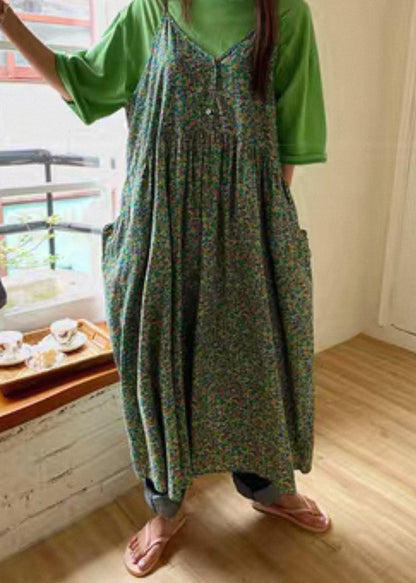 Elegant Green V Neck Print Pockets Cotton Tank Dress Sleeveless