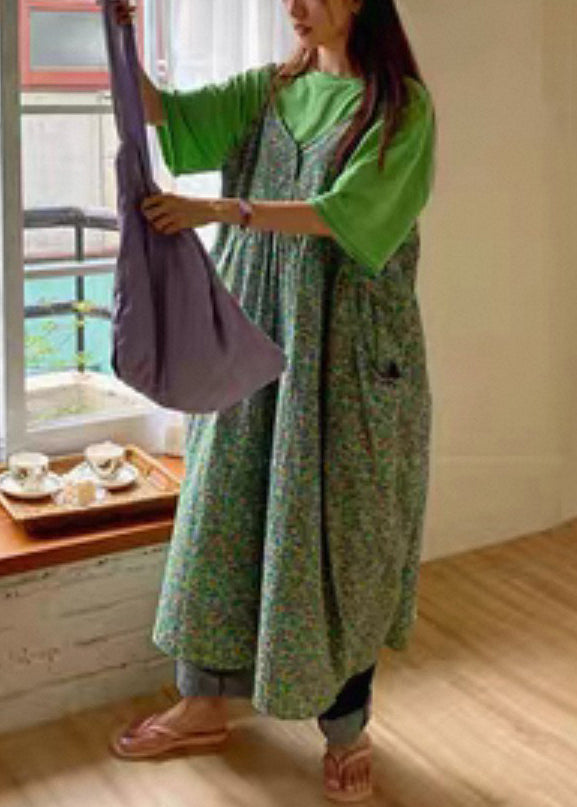 Elegant Green V Neck Print Pockets Cotton Tank Dress Sleeveless