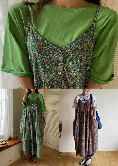 Elegant Green V Neck Print Pockets Cotton Tank Dress Sleeveless