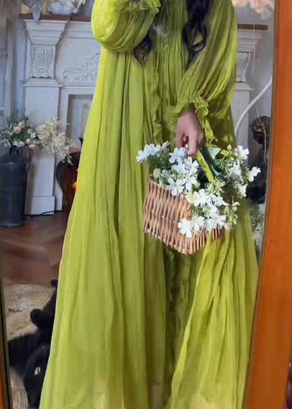 Elegant Green V Neck Ruffled Hooded Chiffon Maxi Dress Spring