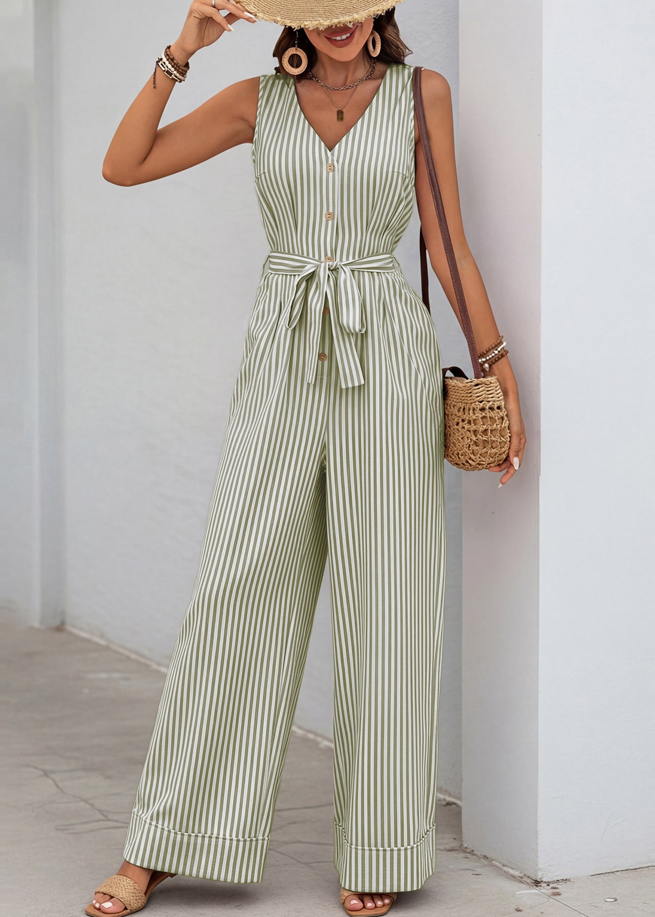 Elegant Green V Neck Striped Cotton Jumpsuit Sleeveless