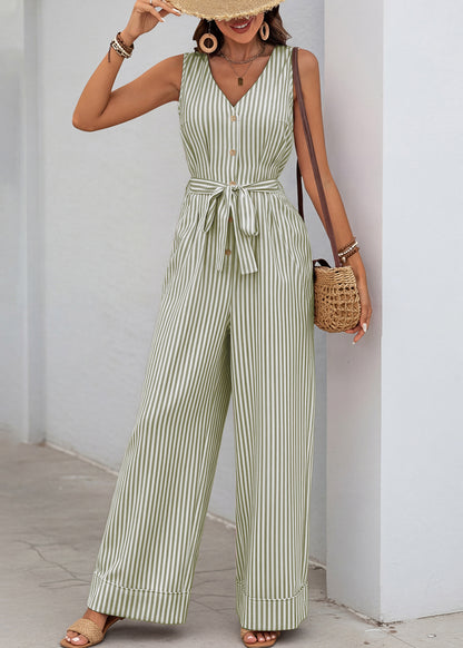 Elegant Green V Neck Striped Cotton Jumpsuit Sleeveless