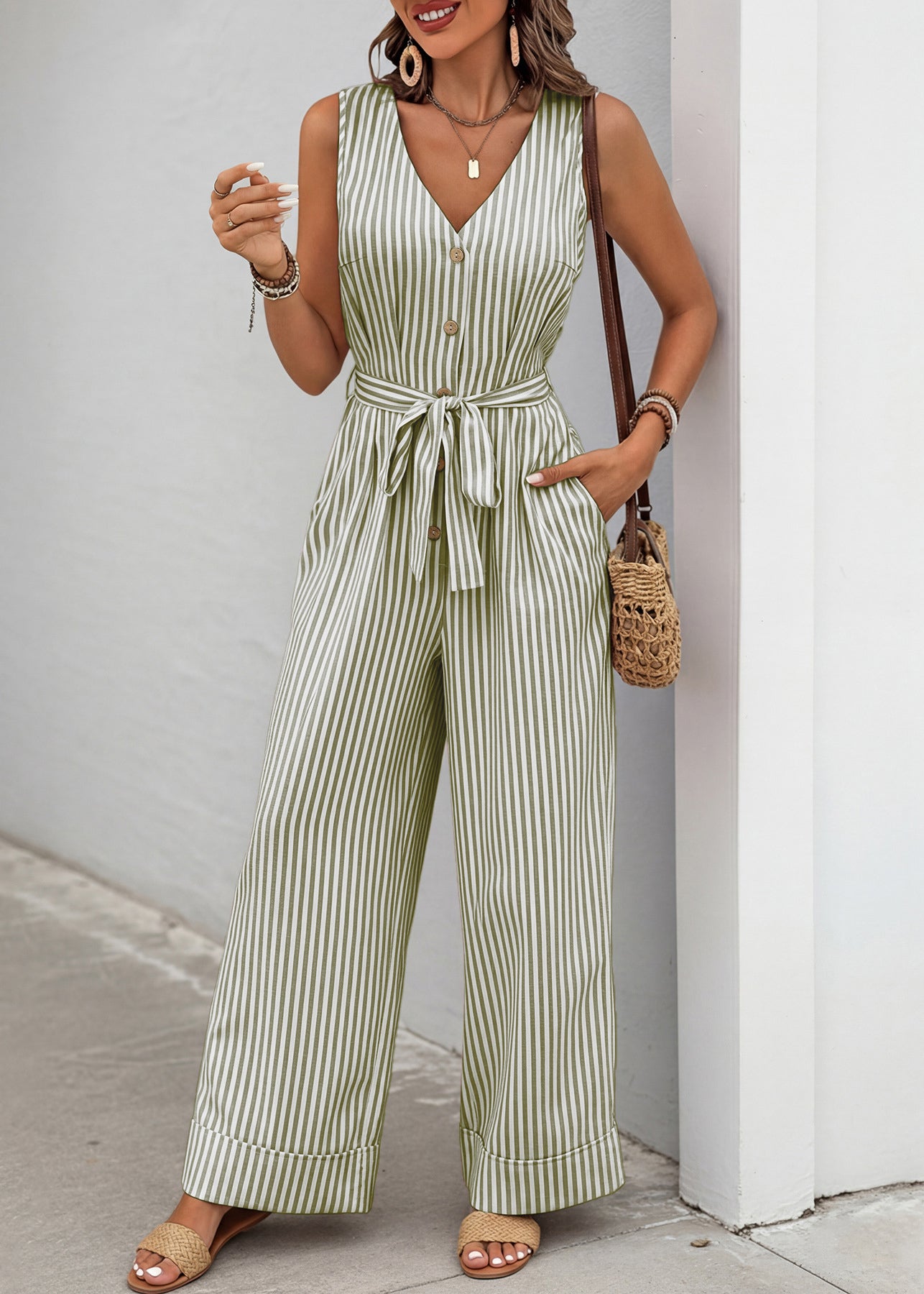 Elegant Green V Neck Striped Cotton Jumpsuit Sleeveless