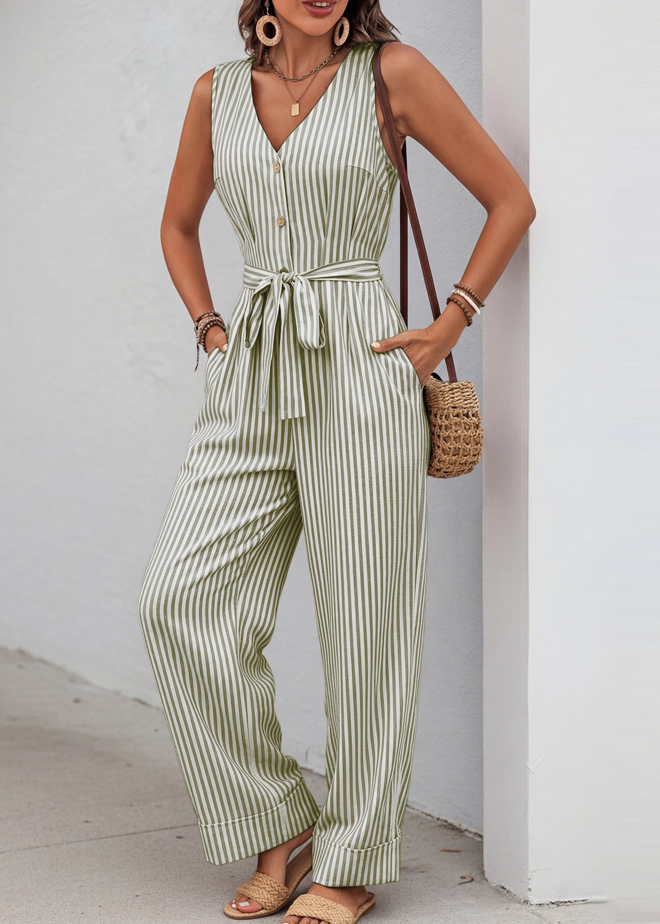 Elegant Green V Neck Striped Cotton Jumpsuit Sleeveless