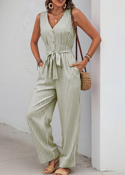 Elegant Green V Neck Striped Cotton Jumpsuit Sleeveless