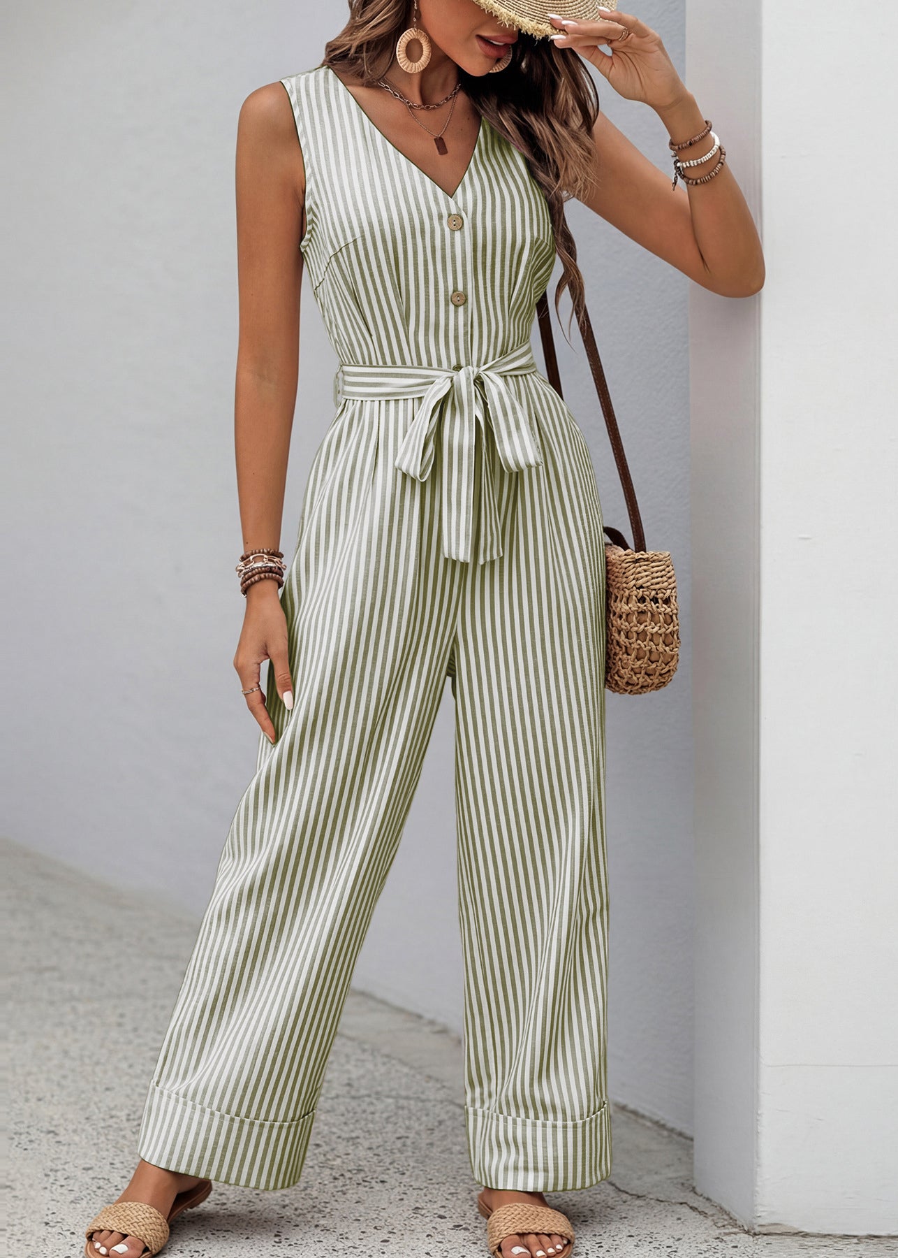 Elegant Green V Neck Striped Cotton Jumpsuit Sleeveless