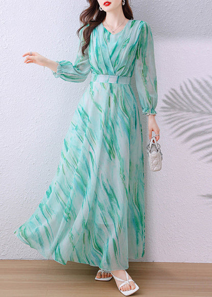 Elegant Green V Neck Tunic Chiffon Long Dress Fall