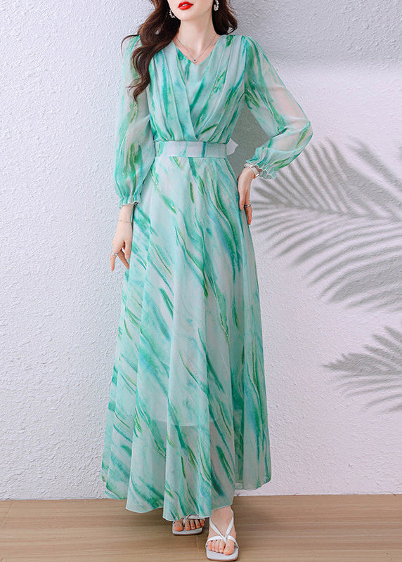 Elegant Green V Neck Tunic Chiffon Long Dress Fall