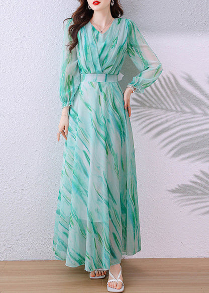 Elegant Green V Neck Tunic Chiffon Long Dress Fall