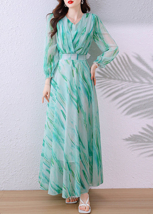Elegant Green V Neck Tunic Chiffon Long Dress Fall