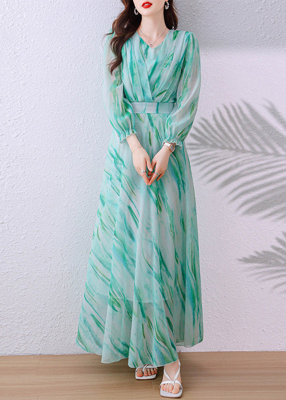Elegant Green V Neck Tunic Chiffon Long Dress Fall