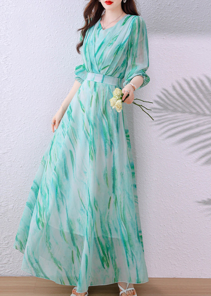 Elegant Green V Neck Tunic Chiffon Long Dress Fall