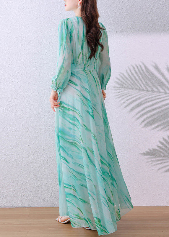Elegant Green V Neck Tunic Chiffon Long Dress Fall