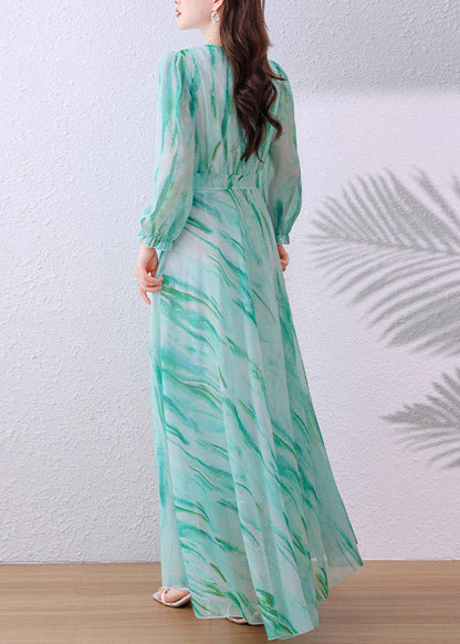 Elegant Green V Neck Tunic Chiffon Long Dress Fall