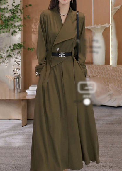 Elegant Green V Neck Waist Sashes Cotton Long Dresses Spring