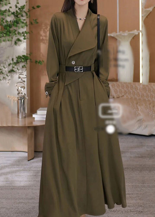 Elegant Green V Neck Waist Sashes Cotton Long Dresses Spring
