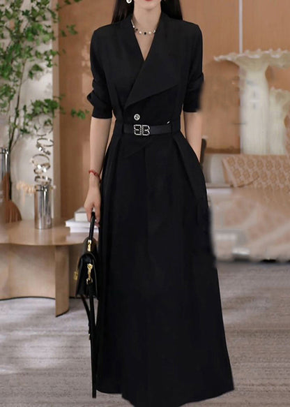 Elegant Green V Neck Waist Sashes Cotton Long Dresses Spring