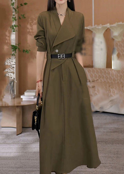 Elegant Green V Neck Waist Sashes Cotton Long Dresses Spring