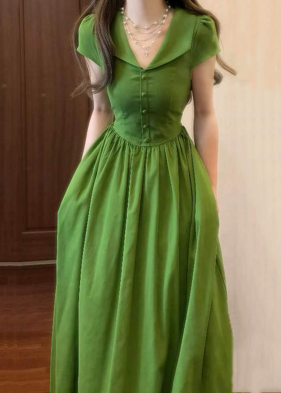 Elegant Green V Neck Wrinkled High Waist Cotton Maxi Dresses Summer