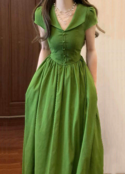 Elegant Green V Neck Wrinkled High Waist Cotton Maxi Dresses Summer