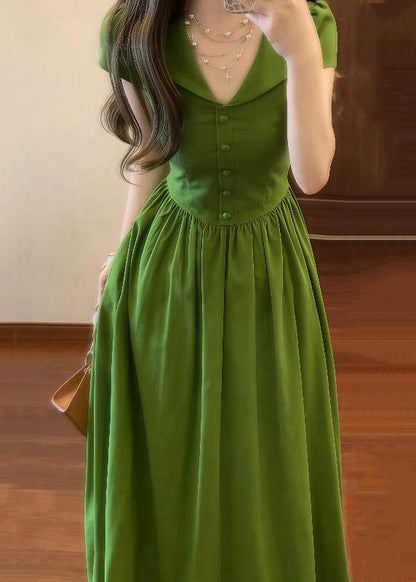 Elegant Green V Neck Wrinkled High Waist Cotton Maxi Dresses Summer