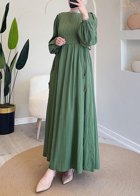 Elegant Green Wrinkled Lace Up Solid Long Dress Spring