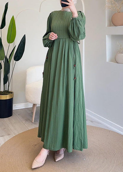 Elegant Green Wrinkled Lace Up Solid Long Dress Spring