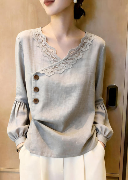 Elegant Grey Asymmetrical Button Solid Top Fall