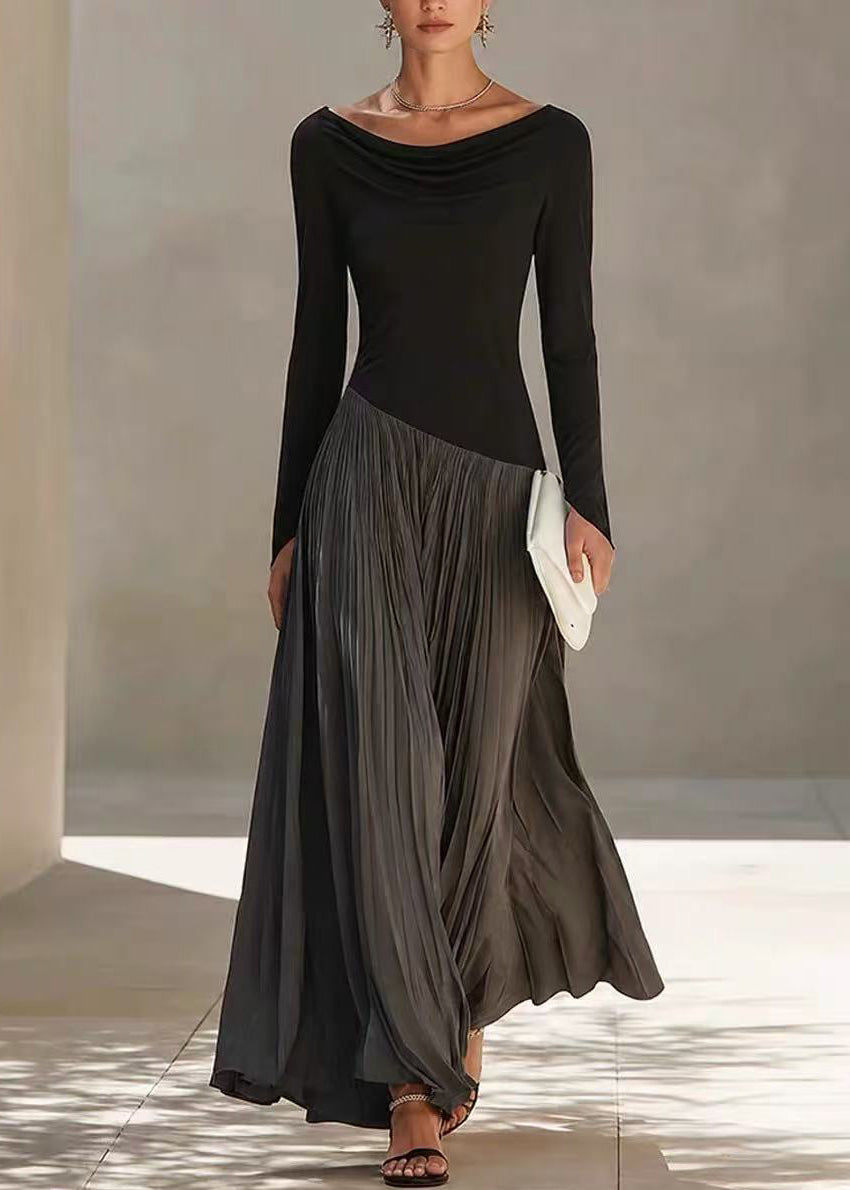 Elegant Grey Asymmetrical Patchwork Pleated Long Dresses Fall
