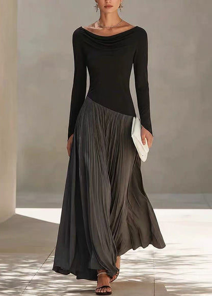 Elegant Grey Asymmetrical Patchwork Pleated Long Dresses Fall