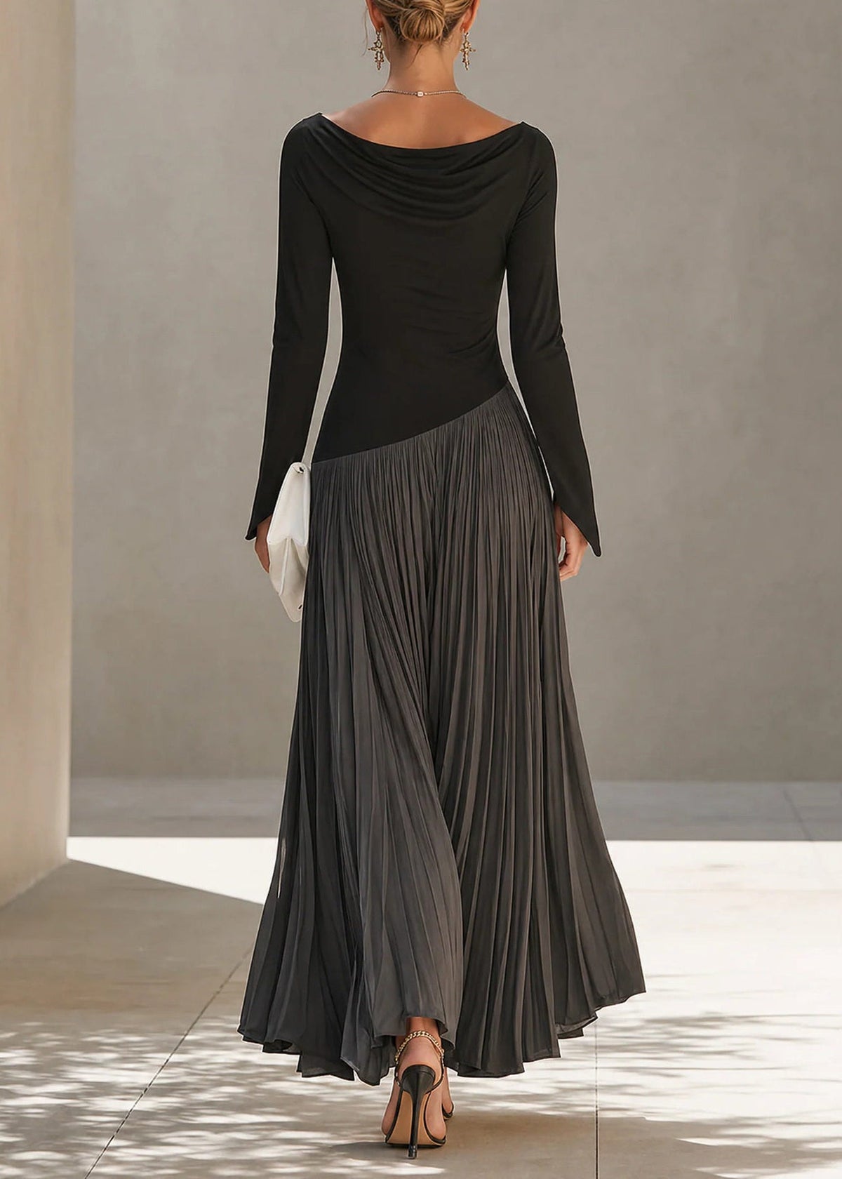 Elegant Grey Asymmetrical Patchwork Pleated Long Dresses Fall