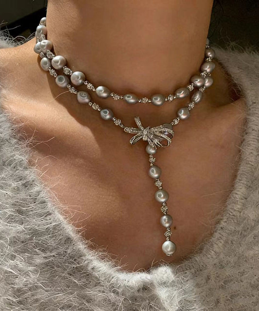 Elegant Grey Bow Multi-layer Pearl Necklace