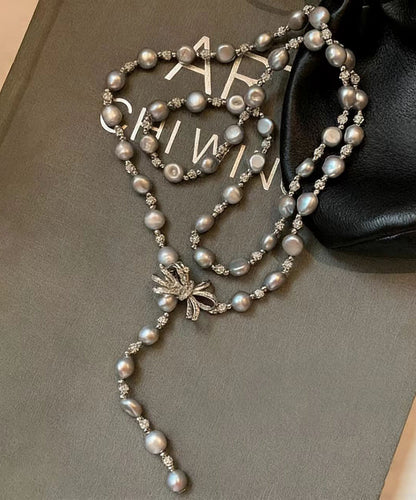Elegant Grey Bow Multi-layer Pearl Necklace