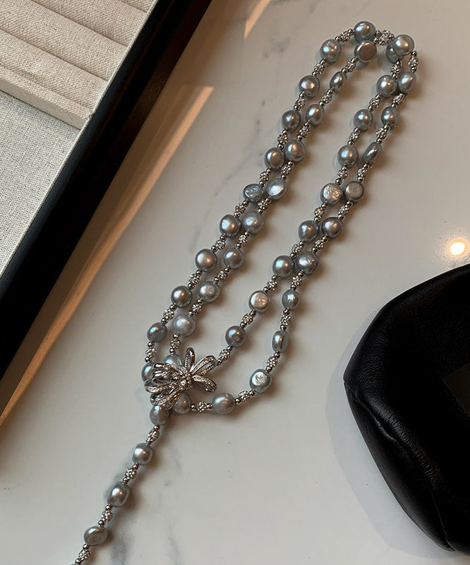 Elegant Grey Bow Multi-layer Pearl Necklace