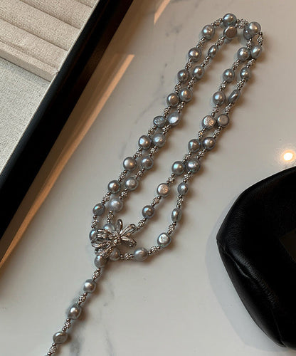Elegant Grey Bow Multi-layer Pearl Necklace