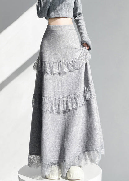 Elegant Grey Elastic Waist Lace Patchwork Knit Skirts Winter