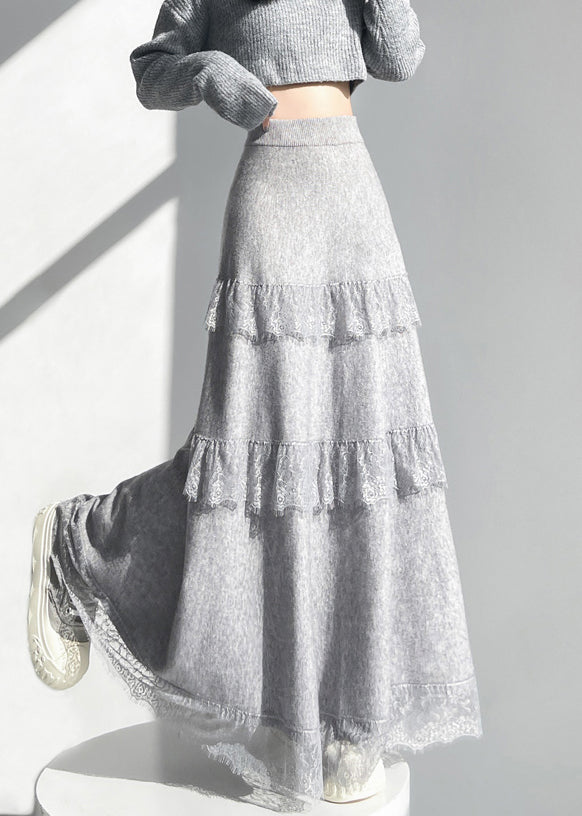 Elegant Grey Elastic Waist Lace Patchwork Knit Skirts Winter