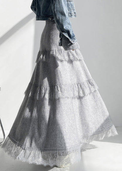 Elegant Grey Elastic Waist Lace Patchwork Knit Skirts Winter