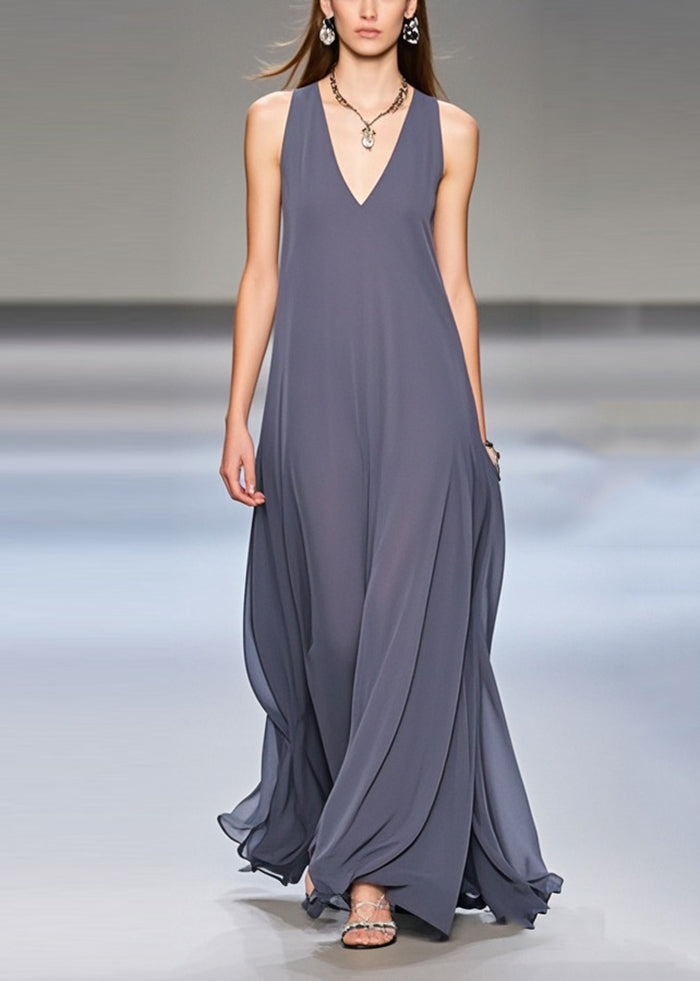 Elegant Grey Exra Large Hem Draping Chiffon Long Dresses Sleeveless
