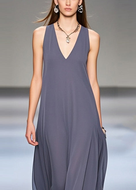 Elegant Grey Exra Large Hem Draping Chiffon Long Dresses Sleeveless