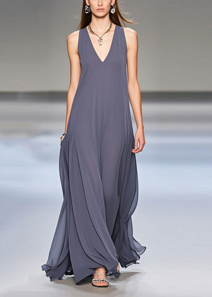 Elegant Grey Exra Large Hem Draping Chiffon Long Dresses Sleeveless