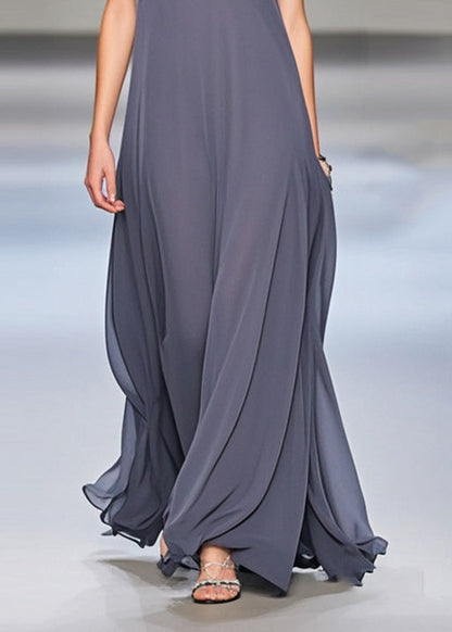 Elegant Grey Exra Large Hem Draping Chiffon Long Dresses Sleeveless