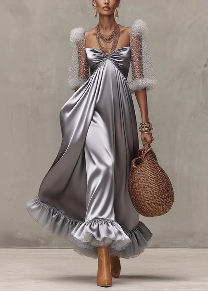 Elegant Grey Exra Large Hem Patchwork Tulle Evening Dress Puff Sleeve