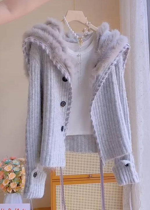 Elegant Grey Fox Collar Button Patchwork Knit Coats Winter