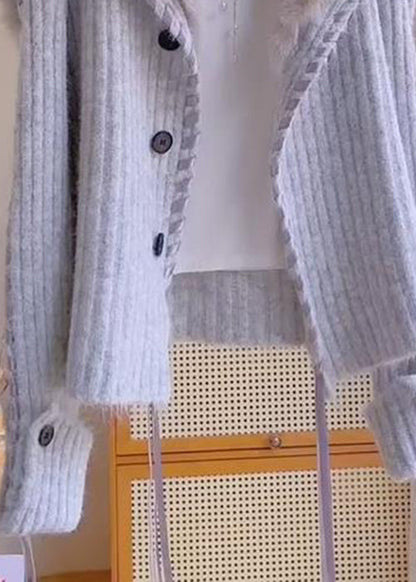 Elegant Grey Fox Collar Button Patchwork Knit Coats Winter