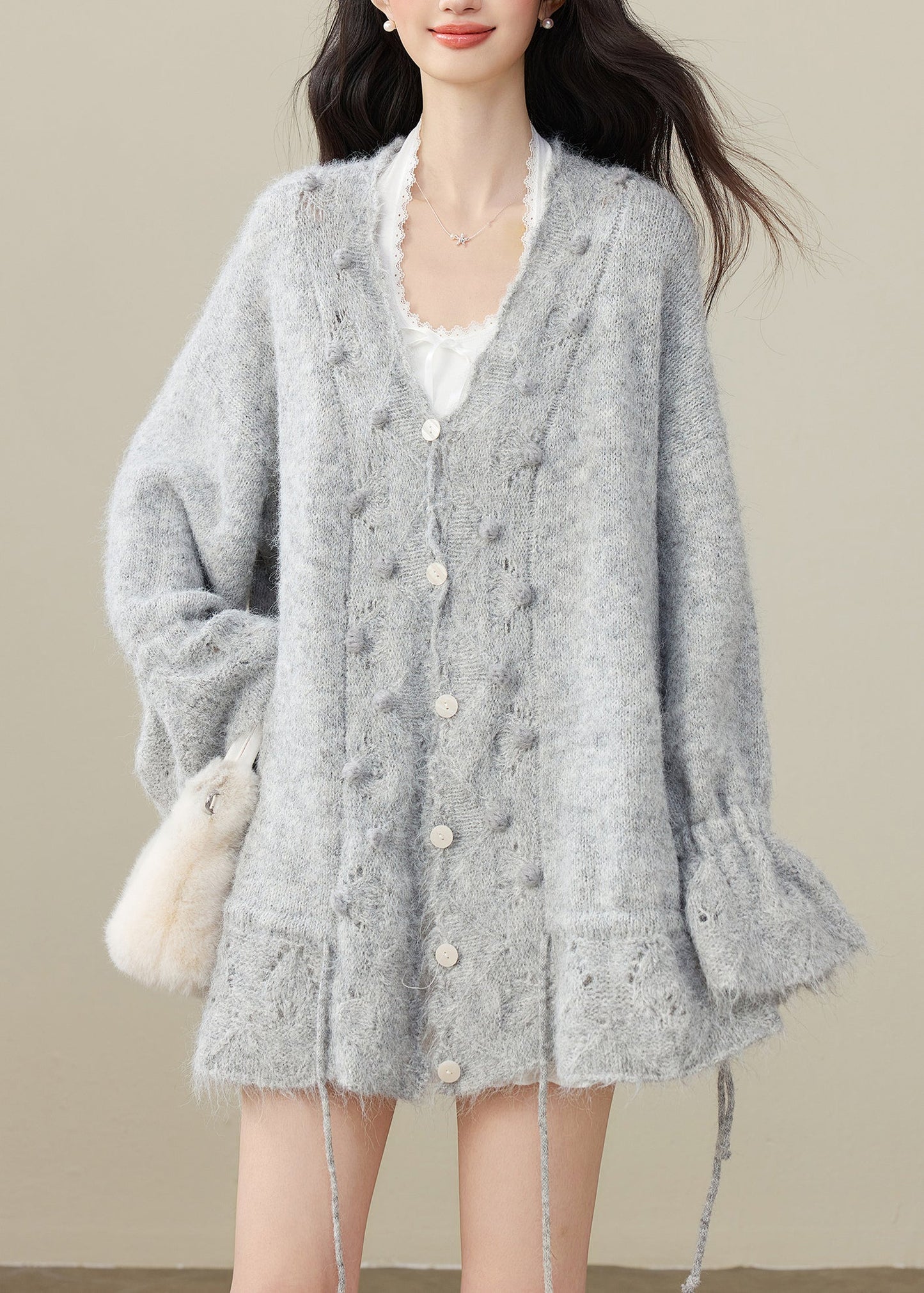 Elegant Grey Fuzzy Ball Decorated Drawstring Knit Cardigan Winter